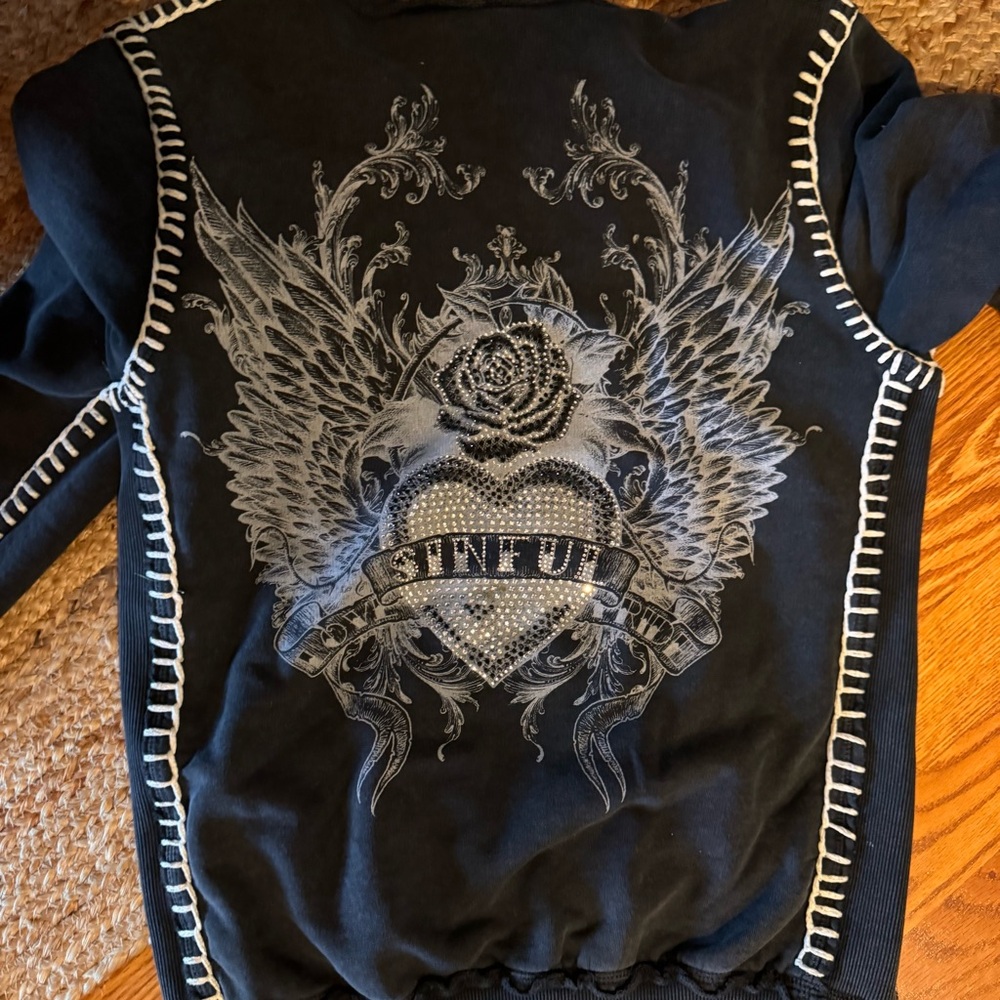 Sinful Hoodie Jacket with Studded and Beaded back graphics and double stitches.